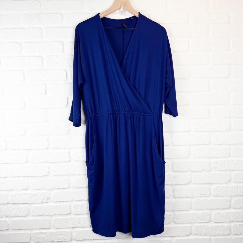 ISDA & CO Royal Blue Wrap Dress Pockets Elastic Waist V-Neck Knee Length Large